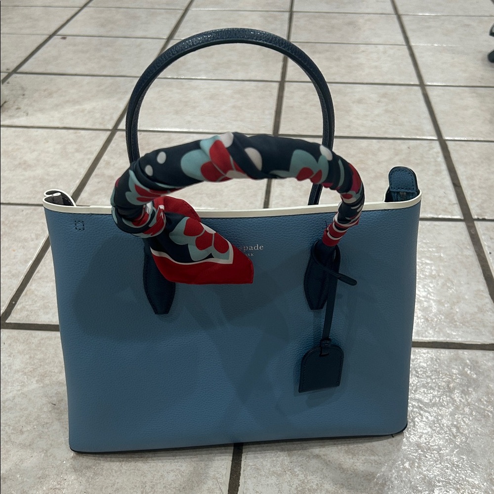 Kate Spade Light Blue Tote with Red and Black Scarf